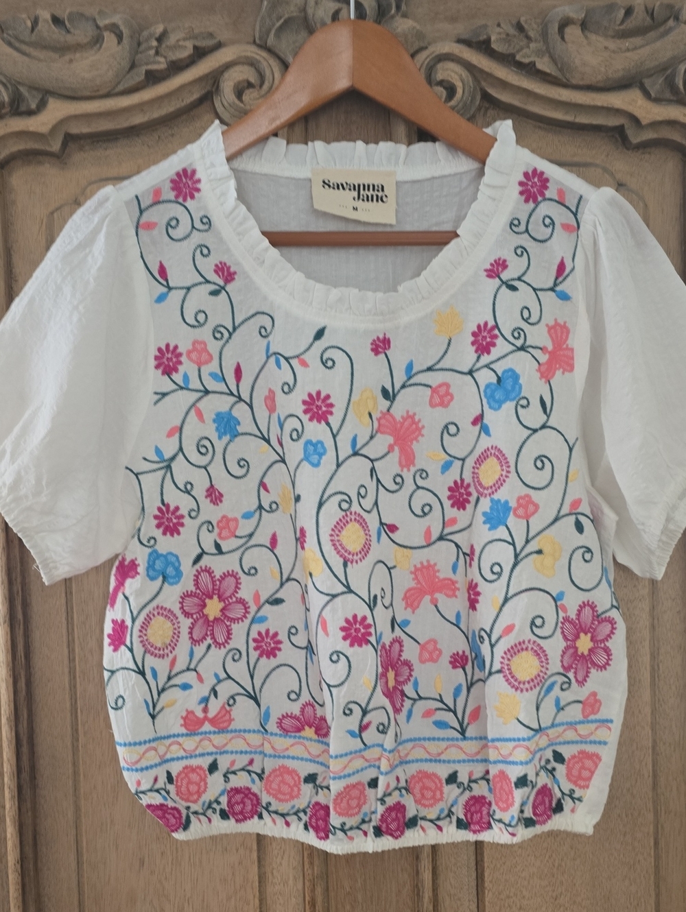 Savanna Jane White Floral Embroidered Blouse with Pink, Blue & Yellow Accents